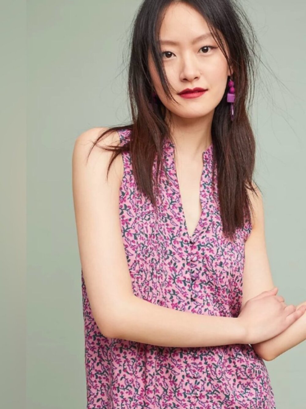 Anthropologie Maeve Petunia Pintuck Tank L 16 Sleeveless Pink Button Front Top